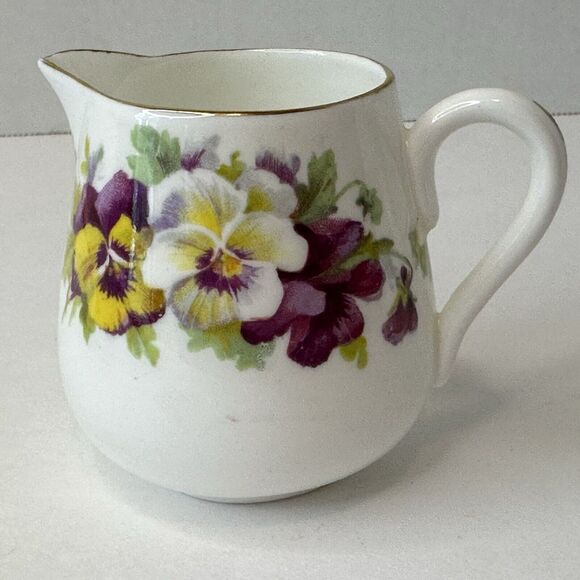 CROWN STAFFORDSHIRE Mini Creamer & Sugar Bowl White, Yellow, Purple Pansies VTG - Picture 9 of 13